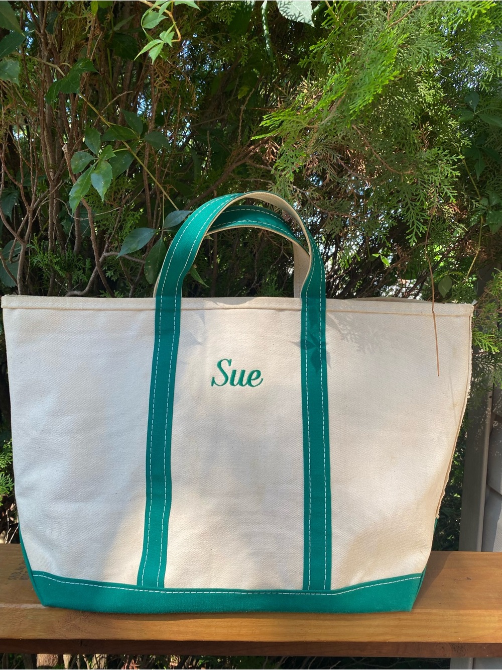 LL Bean Boat  and Tote Large Vintage Personalized Bag in Cream with Green Trim - Picture 7 of 11